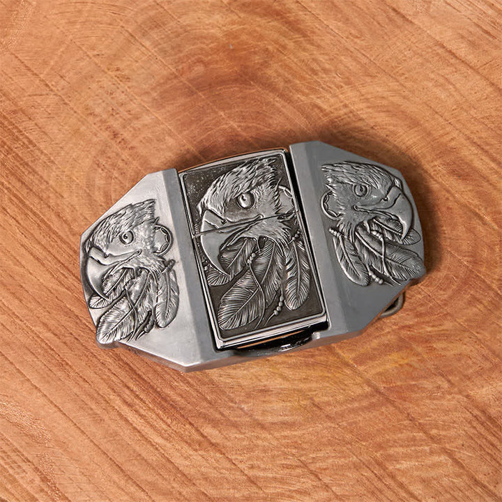 Ceinture en cuir argentée à triple aigle pour homme avec briquet dissimulé