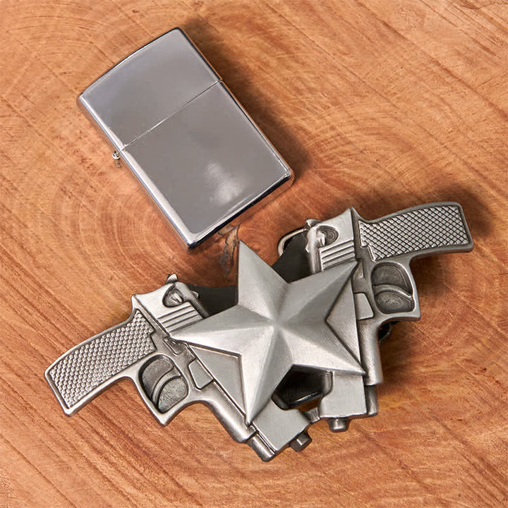 Ceinture en cuir pour homme avec double pistolet et étoile et briquet caché