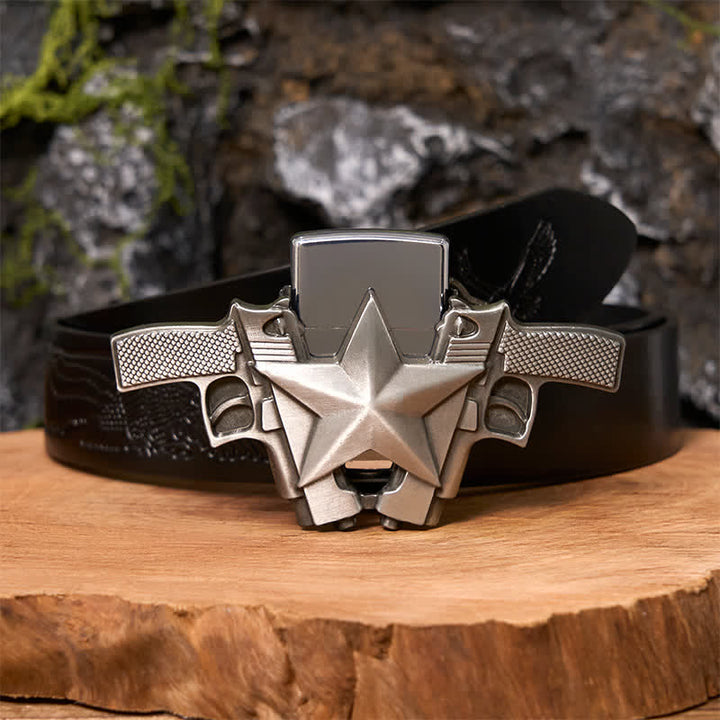 Ceinture en cuir pour homme avec double pistolet et étoile et briquet caché