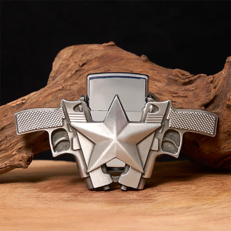 Ceinture en cuir pour homme avec double pistolet et étoile et briquet caché