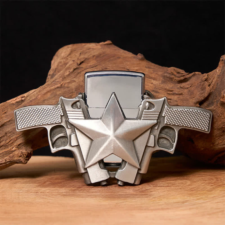 Ceinture en cuir pour homme avec double pistolet et étoile et briquet caché