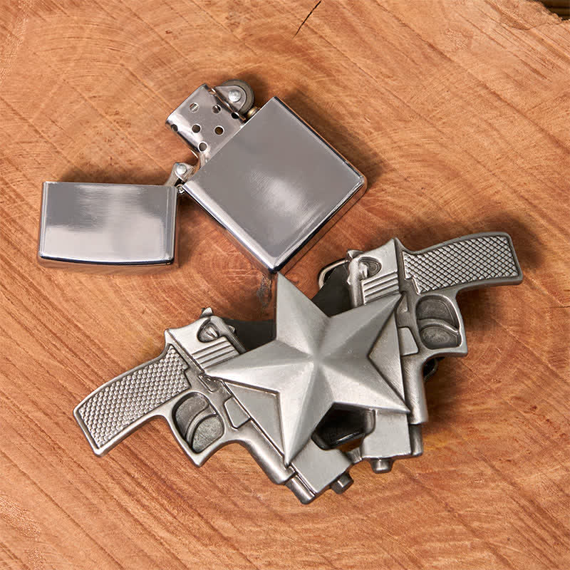 Ceinture en cuir pour homme avec double pistolet et étoile et briquet caché