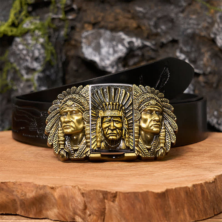 Ceinture en cuir pour homme avec tête de chef indien et briquet caché