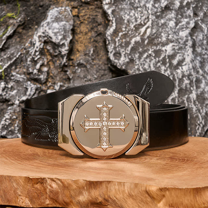 Ceinture en cuir bronze à strass pour homme avec briquet caché