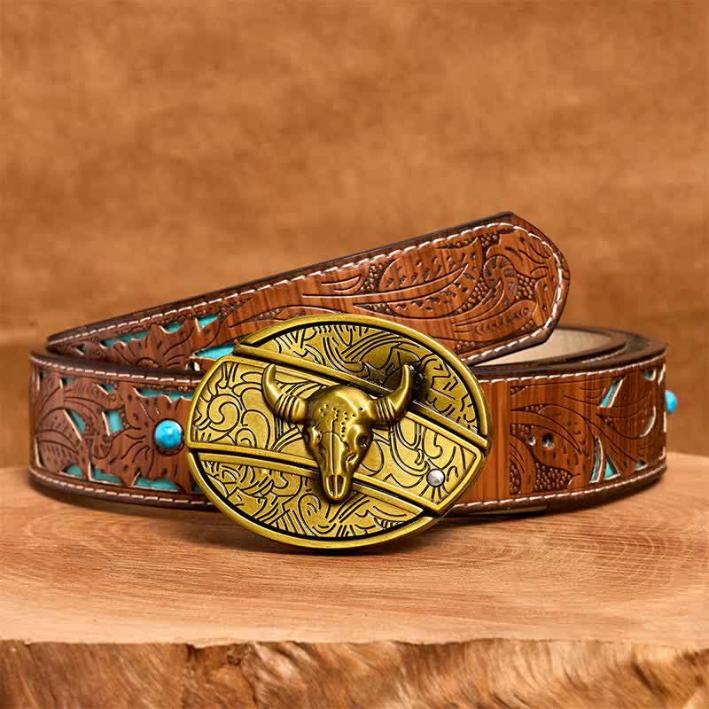 Ceinture en cuir pour homme avec couteau pliant caché en bronze et taureau à longues cornes - Taureau à longues cornes - Ceinture sculptée en turquoise - 42 - image 6