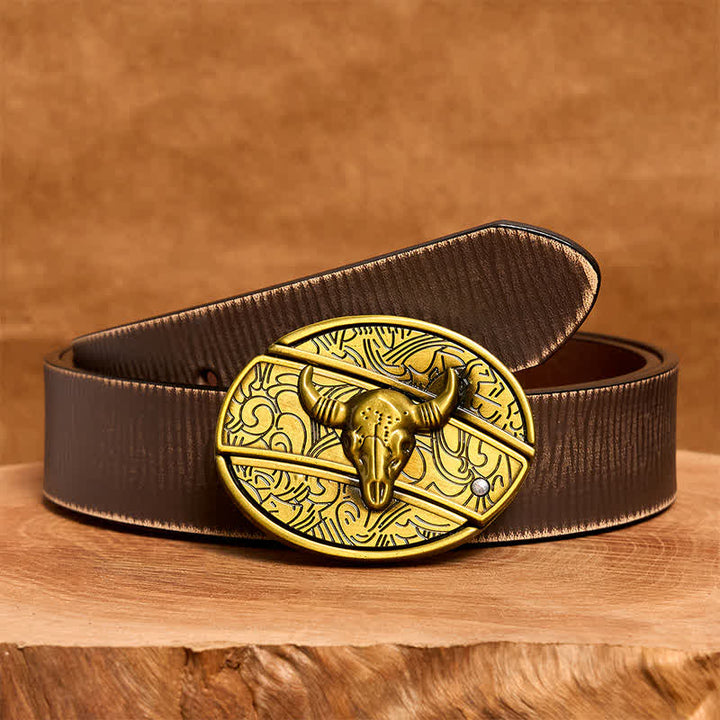 Ceinture en cuir pour homme avec couteau pliant caché en bronze et taureau à longues cornes - Taureau à longues cornes - Ceinture marron vieillie - 42 - image 9