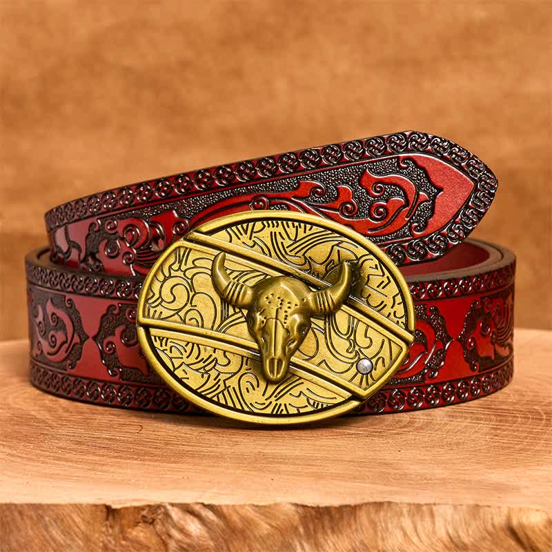 Ceinture en cuir pour homme avec couteau pliant caché en bronze et taureau à longues cornes - Taureau à longues cornes - Ceinture marron sculptée - 42 - image 8