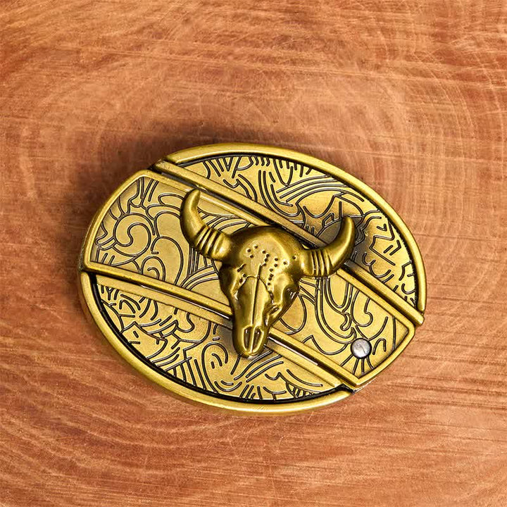 Ceinture en cuir pour homme avec couteau pliant caché en bronze et taureau à longues cornes - image 4