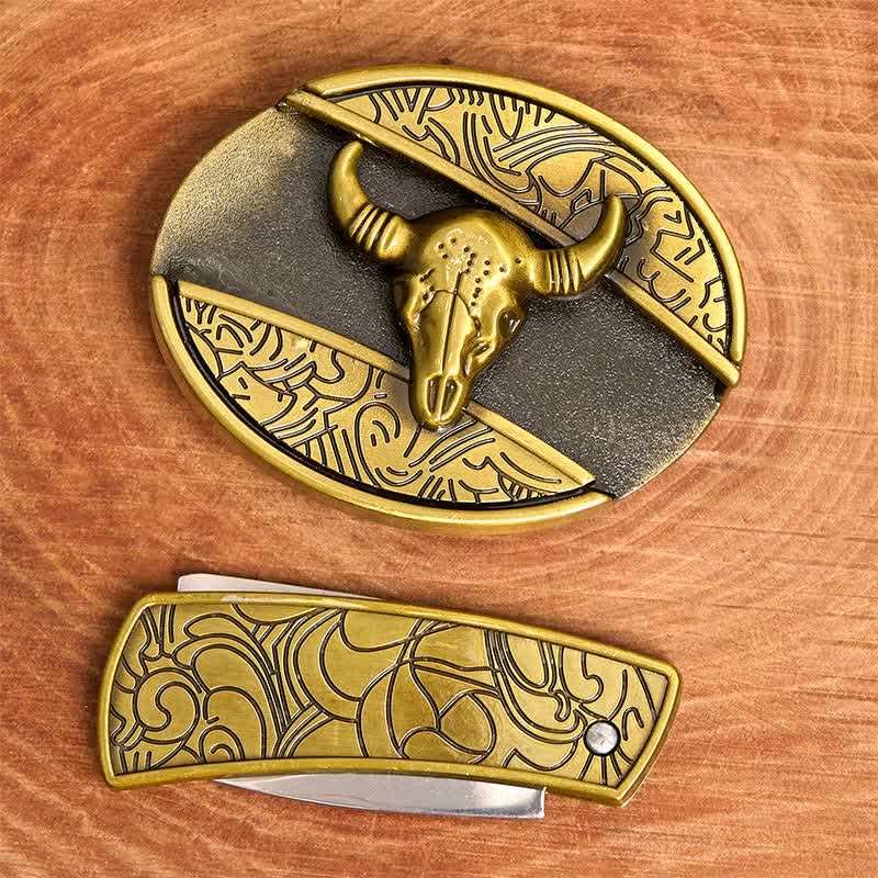 Ceinture en cuir pour homme avec couteau pliant caché en bronze et taureau à longues cornes - image 3