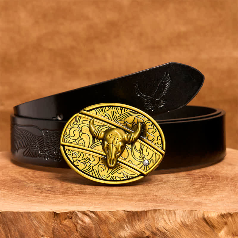 Ceinture en cuir pour homme avec couteau pliant caché en bronze et taureau à longues cornes - Taureau à longues cornes - Ceinture noire avec aigle en relief - 42 - image 7