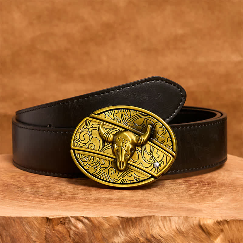 Ceinture en cuir pour homme avec couteau pliant caché en bronze et taureau à longues cornes - Taureau à longues cornes - Ceinture en PU noir - 42 - image 5