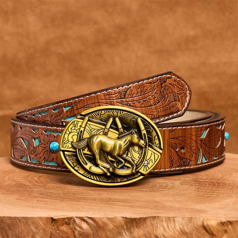 Ceinture en cuir pour homme avec couteau pliant caché en bronze représentant un cheval galopant - Cheval au galop - Ceinture sculptée en turquoise - 42 - image 6