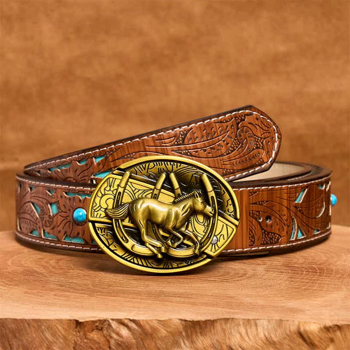 Ceinture en cuir pour homme avec couteau pliant caché en bronze représentant un cheval galopant - Cheval au galop - Ceinture sculptée en turquoise - 42 - image 6