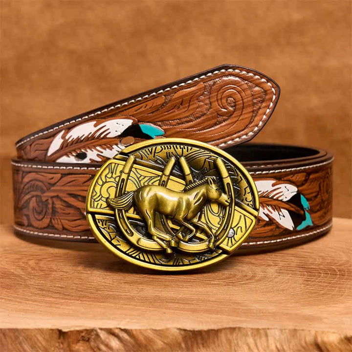 Ceinture en cuir pour homme avec couteau pliant caché en bronze représentant un cheval galopant - Cheval au galop - Ceinture à plumes marron - 40 - image 10