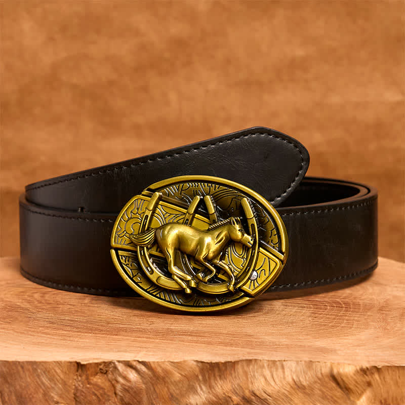 Ceinture en cuir pour homme avec couteau pliant caché en bronze représentant un cheval galopant - Cheval au galop - Ceinture en PU noir - 42 - image 5