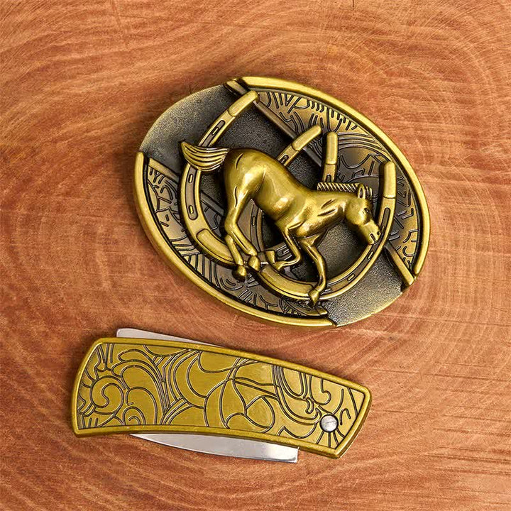 Ceinture en cuir pour homme avec couteau pliant caché en bronze représentant un cheval galopant - image 4