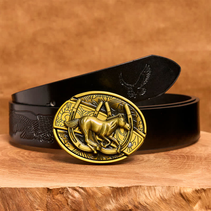 Ceinture en cuir pour homme avec couteau pliant caché en bronze représentant un cheval galopant - Cheval au galop - Ceinture noire avec aigle en relief - 42 - image 7