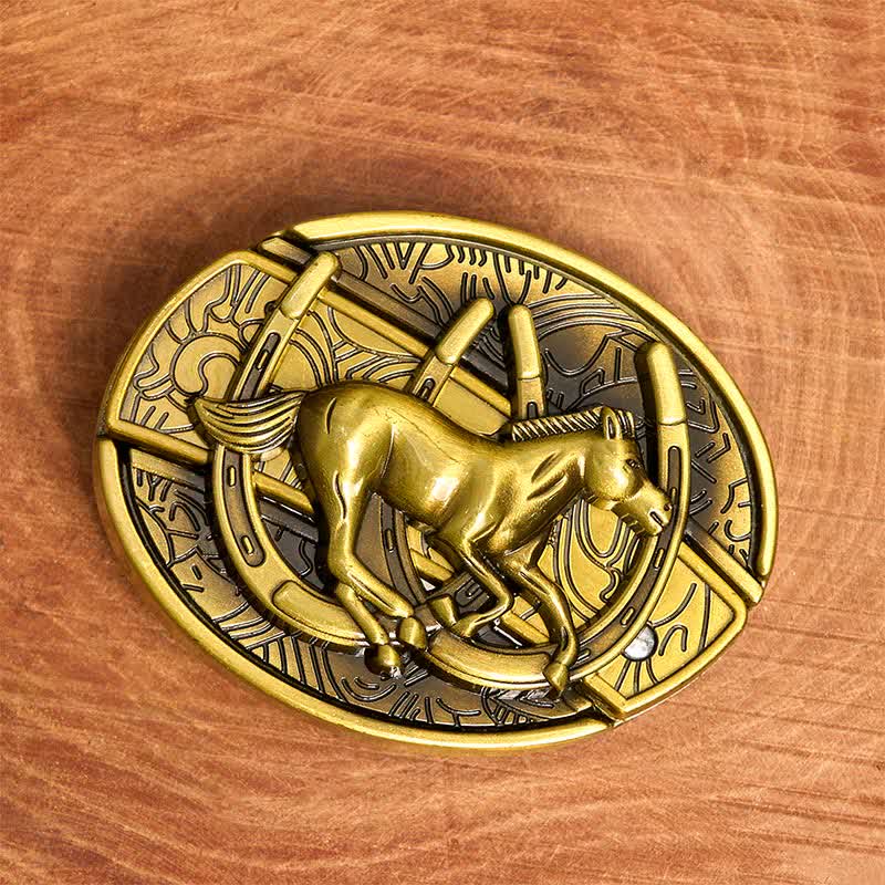 Ceinture en cuir pour homme avec couteau pliant caché en bronze représentant un cheval galopant - image 3