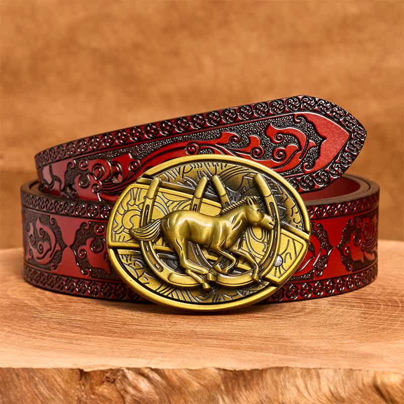Ceinture en cuir pour homme avec couteau pliant caché en bronze représentant un cheval galopant - Cheval au galop - Ceinture marron sculptée - 42 - image 8