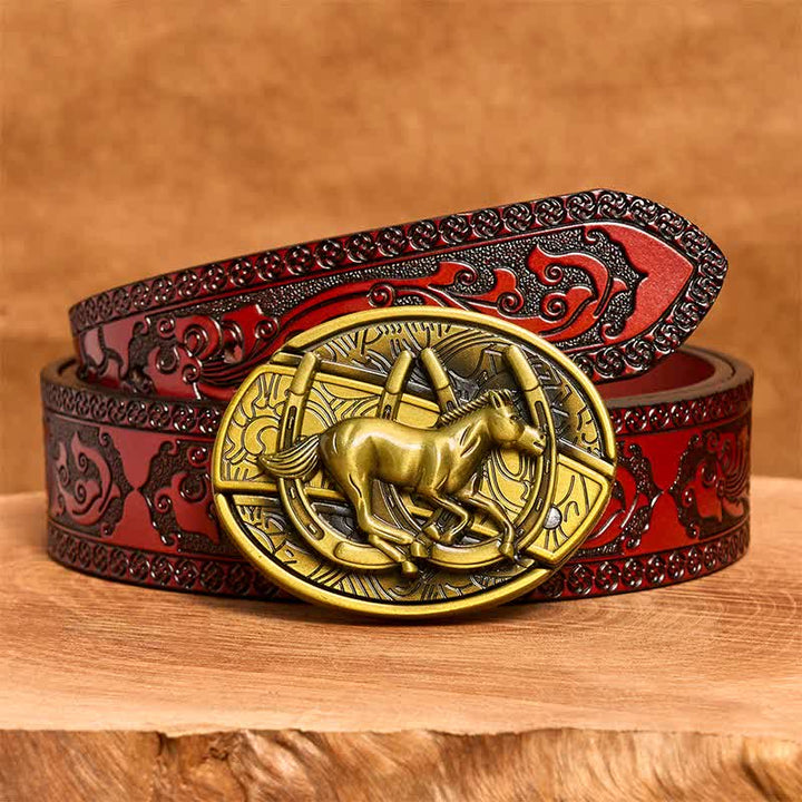 Ceinture en cuir pour homme avec couteau pliant caché en bronze représentant un cheval galopant - Cheval au galop - Ceinture marron sculptée - 42 - image 8