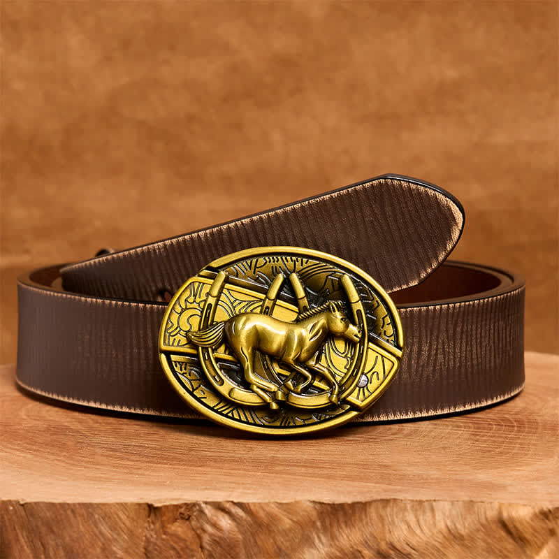 Ceinture en cuir pour homme avec couteau pliant caché en bronze représentant un cheval galopant - Cheval au galop - Ceinture marron vieillie - 42 - image 9