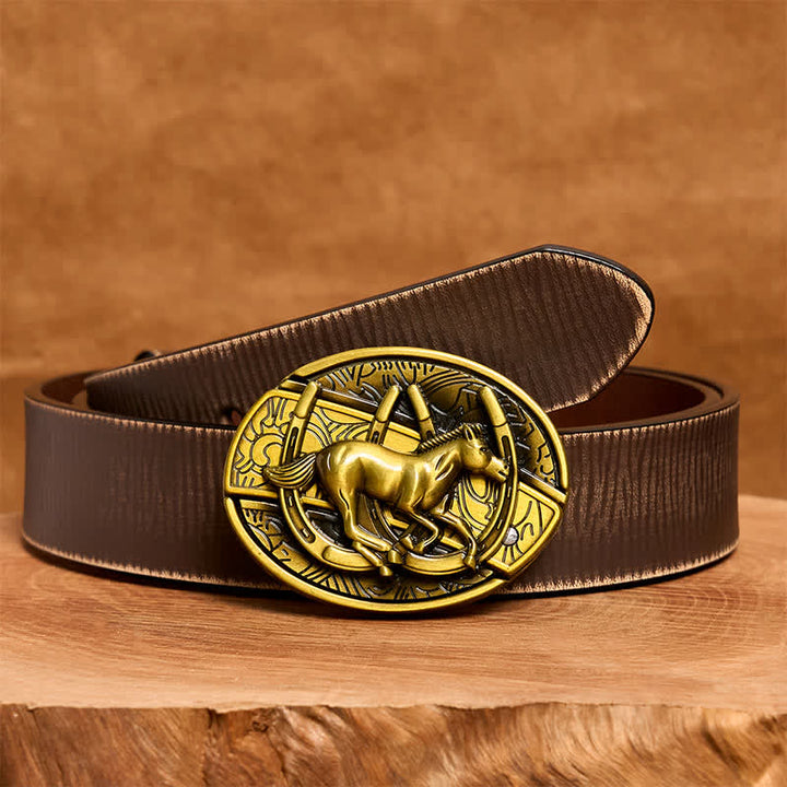 Ceinture en cuir pour homme avec couteau pliant caché en bronze représentant un cheval galopant - Cheval au galop - Ceinture marron vieillie - 42 - image 9