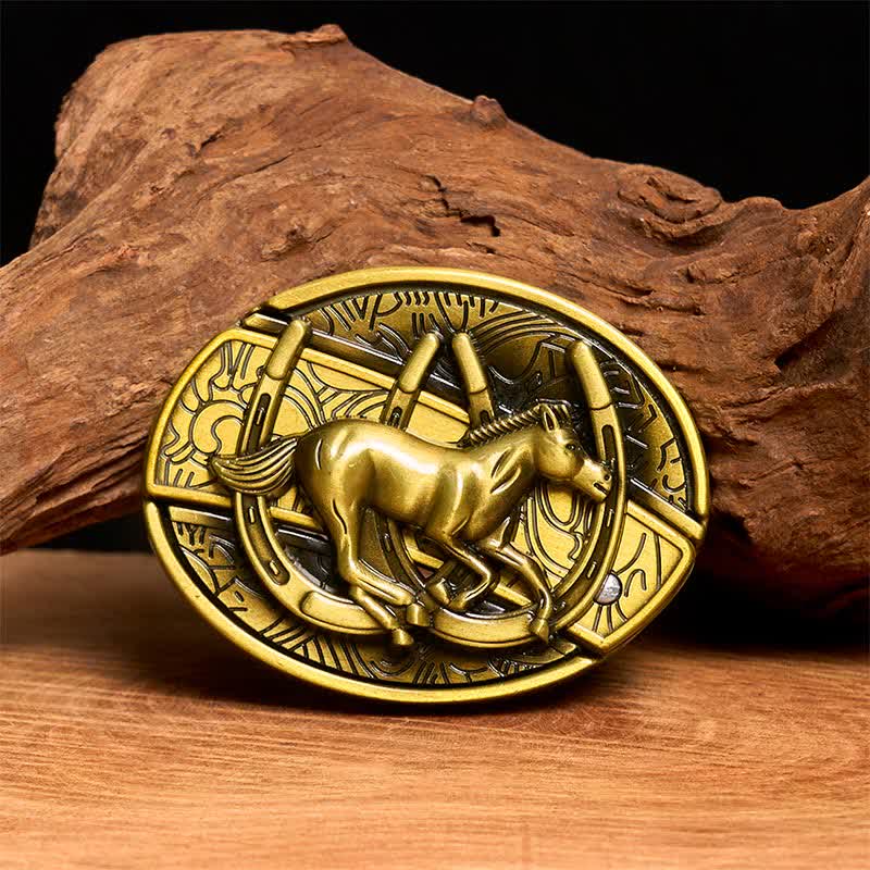 Ceinture en cuir pour homme avec couteau pliant caché en bronze représentant un cheval galopant - Cheval au galop - Sans ceinture - Ceinture non incluse - image 1