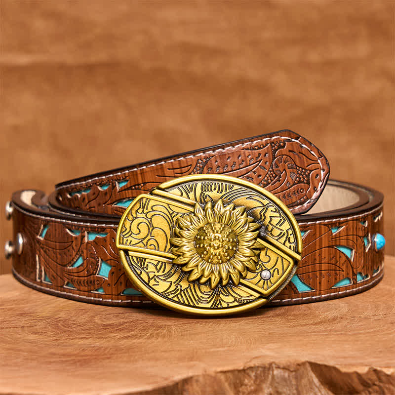 Ceinture en cuir pour homme avec couteau pliant caché en bronze et tournesol - Tournesol - Ceinture sculptée en turquoise - 42 - image 6