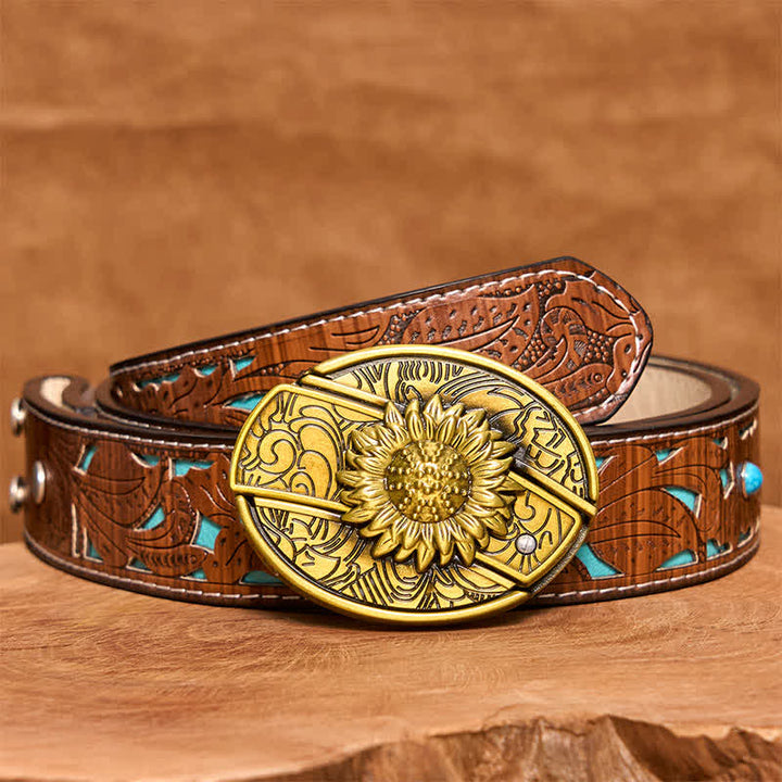 Ceinture en cuir pour homme avec couteau pliant caché en bronze et tournesol - Tournesol - Ceinture sculptée en turquoise - 42 - image 6