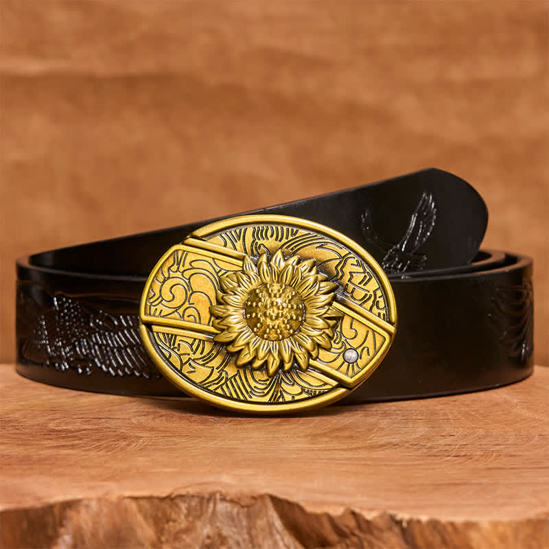 Ceinture en cuir pour homme avec couteau pliant caché en bronze et tournesol - Tournesol - Ceinture noire avec aigle en relief - 42 - image 7
