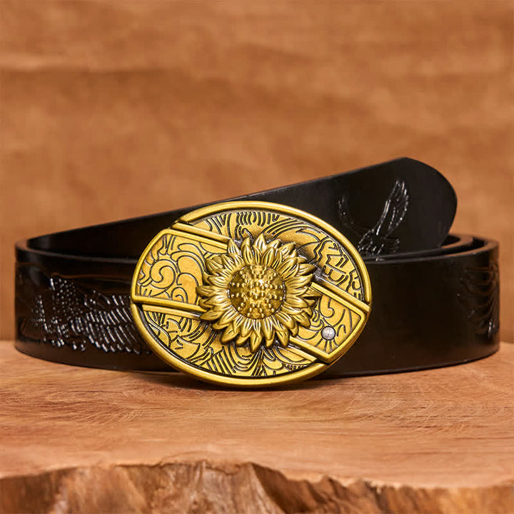 Ceinture en cuir pour homme avec couteau pliant caché en bronze et tournesol - Tournesol - Ceinture noire avec aigle en relief - 42 - image 7