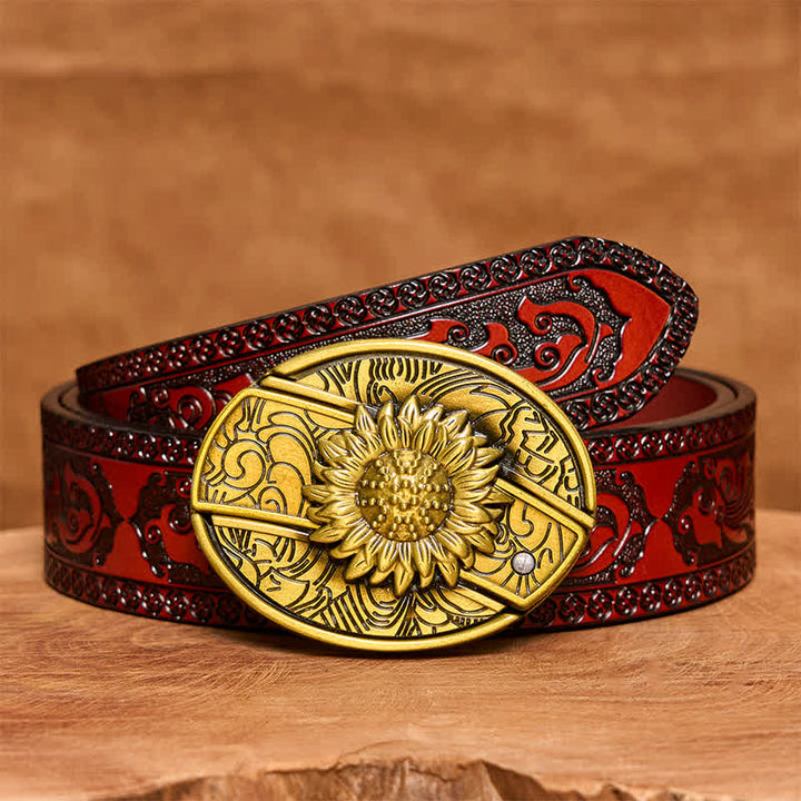 Ceinture en cuir pour homme avec couteau pliant caché en bronze et tournesol - Tournesol - Ceinture marron sculptée - 42 - image 8