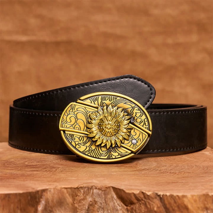 Ceinture en cuir pour homme avec couteau pliant caché en bronze et tournesol - Tournesol - Ceinture en PU noir - 42 - image 5