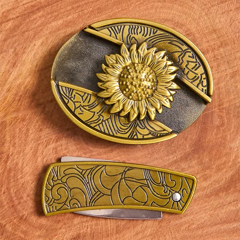 Ceinture en cuir pour homme avec couteau pliant caché en bronze et tournesol - image 3