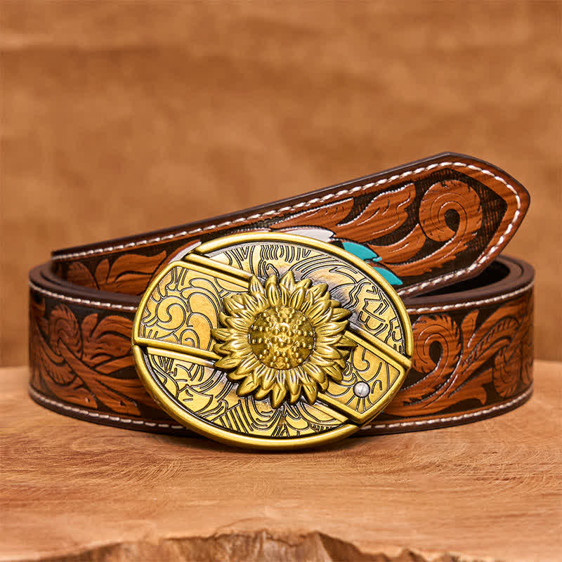 Ceinture en cuir pour homme avec couteau pliant caché en bronze et tournesol - Tournesol - Ceinture à plumes marron - 40 - image 10