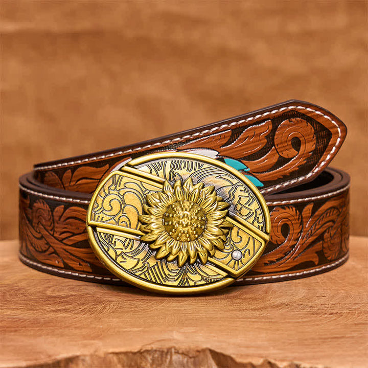 Ceinture en cuir pour homme avec couteau pliant caché en bronze et tournesol - Tournesol - Ceinture à plumes marron - 40 - image 10