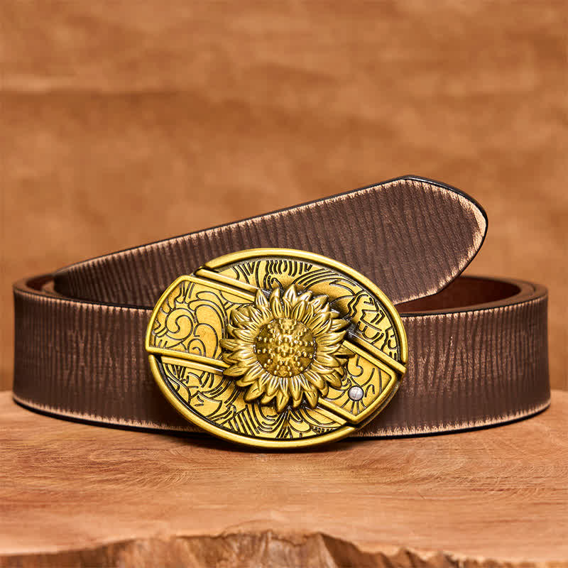 Ceinture en cuir pour homme avec couteau pliant caché en bronze et tournesol - Tournesol - Ceinture marron vieillie - 42 - image 9