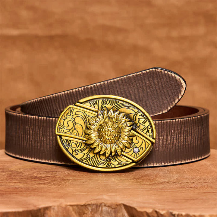 Ceinture en cuir pour homme avec couteau pliant caché en bronze et tournesol - Tournesol - Ceinture marron vieillie - 42 - image 9