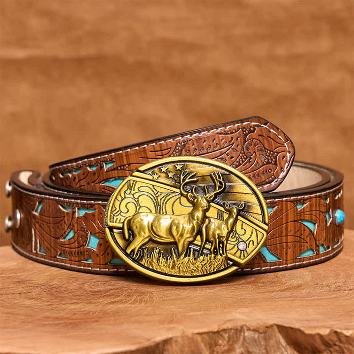 Ceinture en cuir pour homme avec couteau pliant caché en bronze et double cerf - Cerfs doubles - Ceinture sculptée en turquoise - 42 - image 6