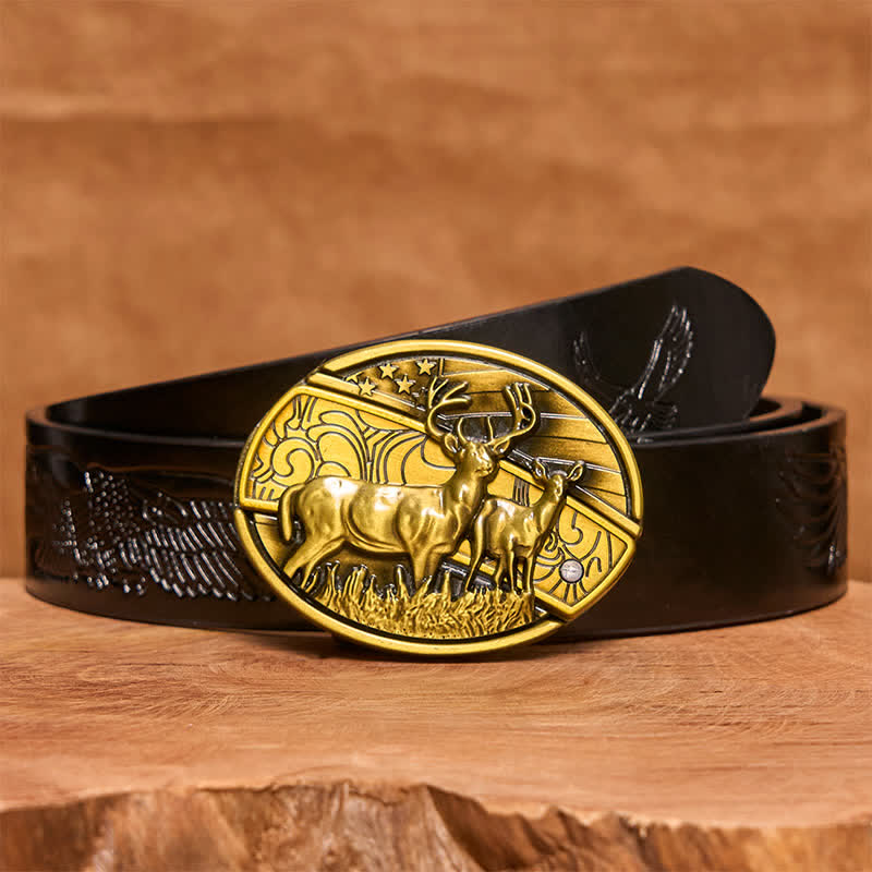 Ceinture en cuir pour homme avec couteau pliant caché en bronze et double cerf - Cerfs doubles - Ceinture noire avec aigle en relief - 42 - image 7