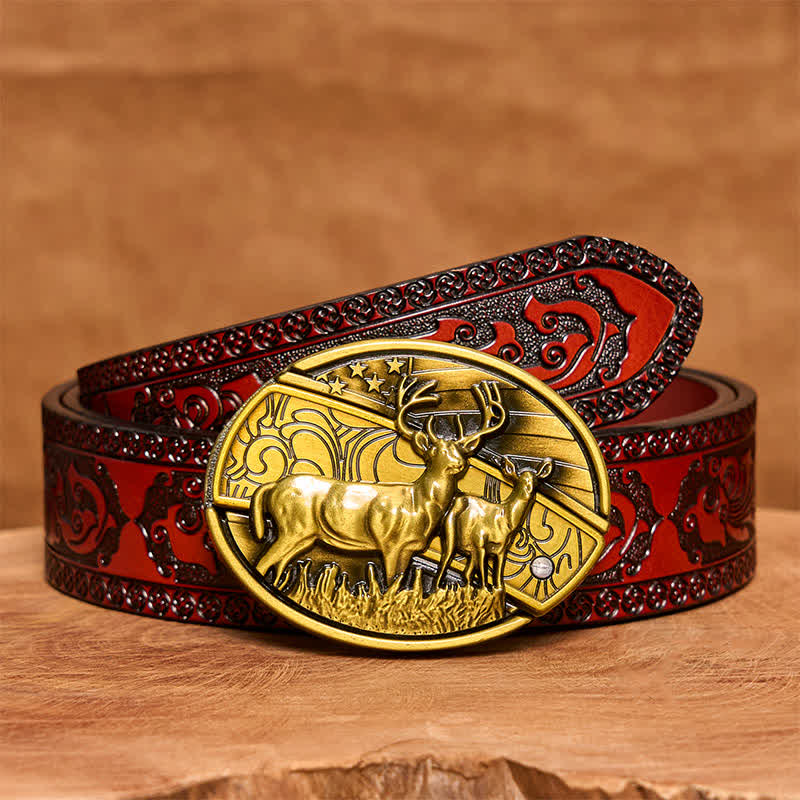 Ceinture en cuir pour homme avec couteau pliant caché en bronze et double cerf - Cerfs doubles - Ceinture marron sculptée - 42 - image 8