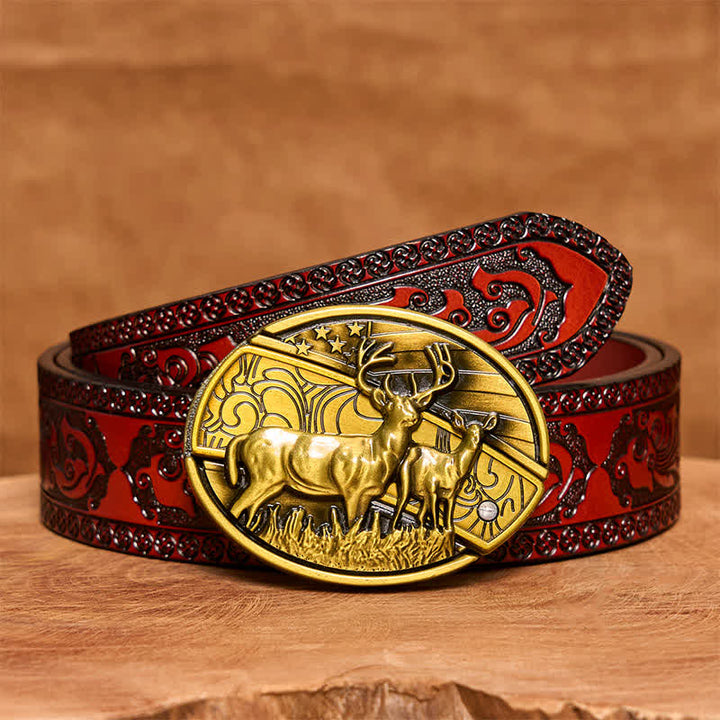 Ceinture en cuir pour homme avec couteau pliant caché en bronze et double cerf - Cerfs doubles - Ceinture marron sculptée - 42 - image 8