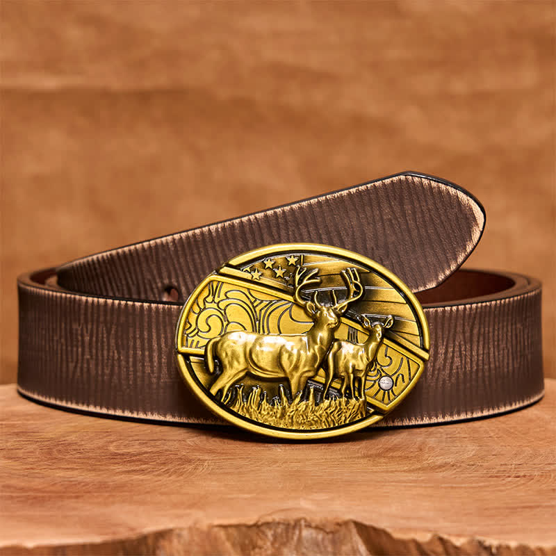 Ceinture en cuir pour homme avec couteau pliant caché en bronze et double cerf - Cerfs doubles - Ceinture marron vieillie - 42 - image 9