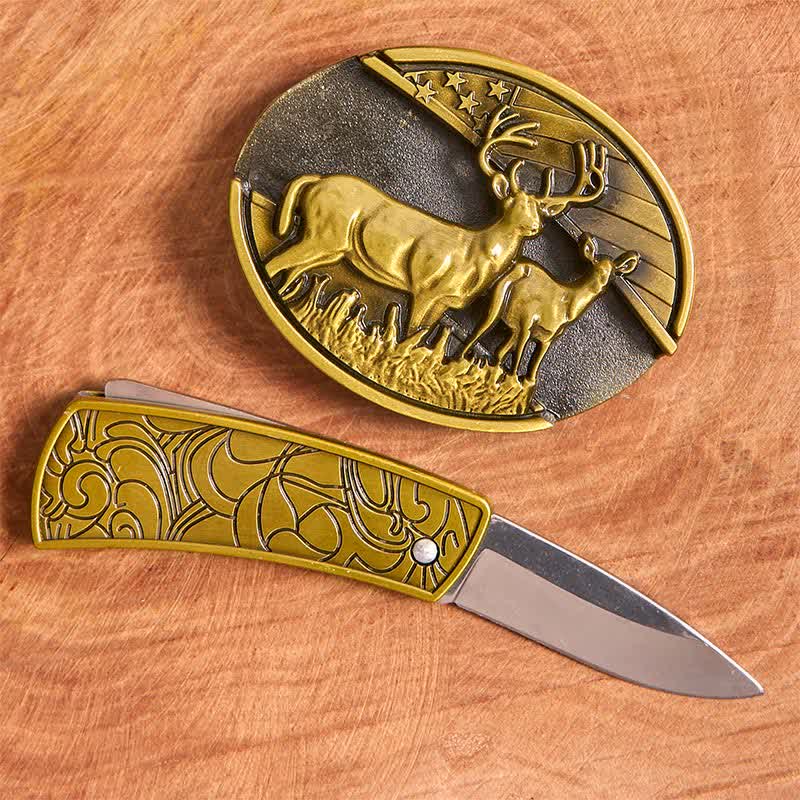 Ceinture en cuir pour homme avec couteau pliant caché en bronze et double cerf - image 2