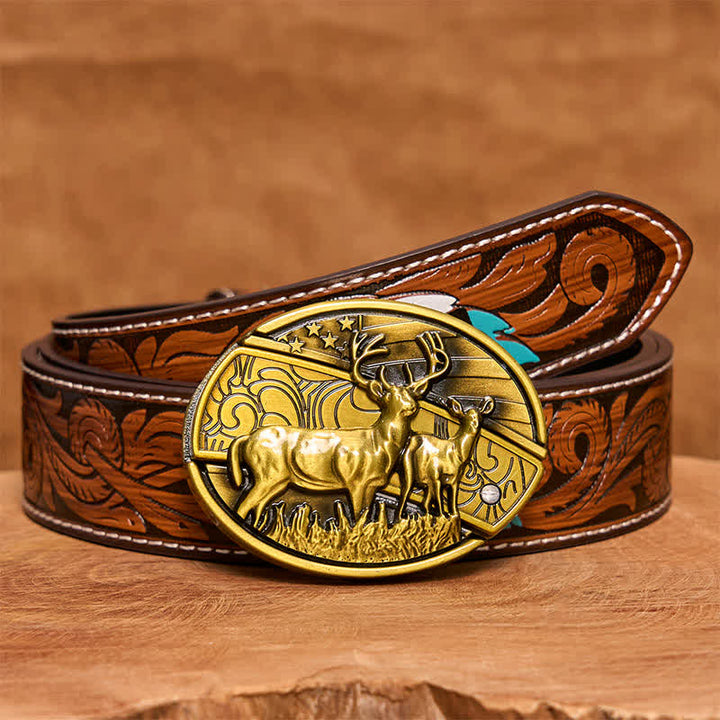 Ceinture en cuir pour homme avec couteau pliant caché en bronze et double cerf - Cerfs doubles - Ceinture à plumes marron - 40 - image 10