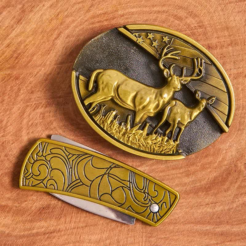 Ceinture en cuir pour homme avec couteau pliant caché en bronze et double cerf - image 3