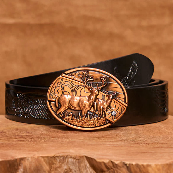 Ceinture en cuir pour homme avec couteau pliant caché en bronze rouge et double cerf - Cerfs doubles - Ceinture noire avec aigle en relief - 42 - image 7