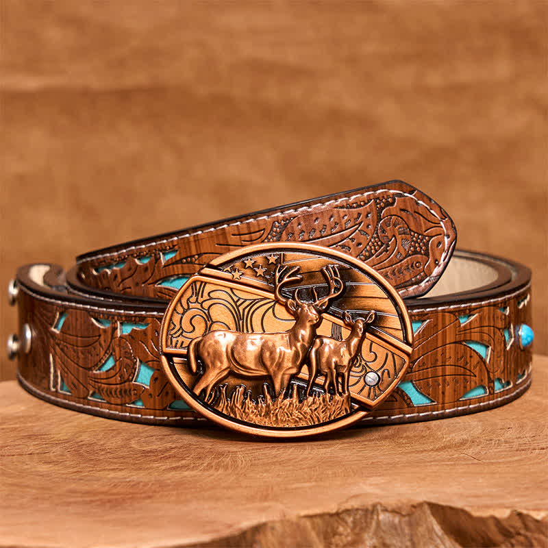 Ceinture en cuir pour homme avec couteau pliant caché en bronze rouge et double cerf - Cerfs doubles - Ceinture sculptée en turquoise - 42 - image 6