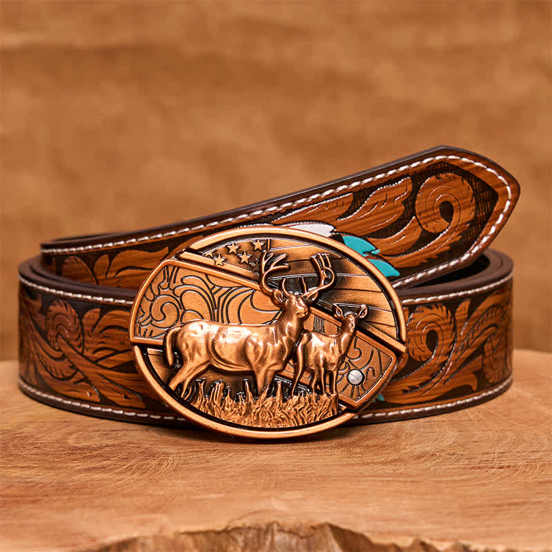 Ceinture en cuir pour homme avec couteau pliant caché en bronze rouge et double cerf - Cerfs doubles - Ceinture à plumes marron - 40 - image 10