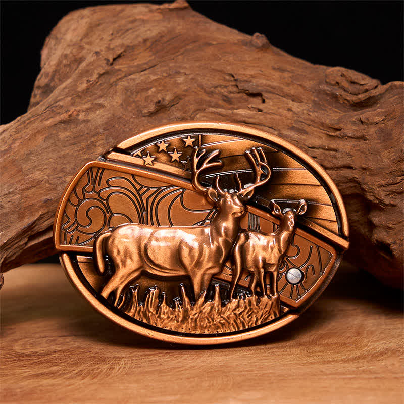 Ceinture en cuir pour homme avec couteau pliant caché en bronze rouge et double cerf - Cerfs doubles - Sans ceinture - Ceinture non incluse - image 1